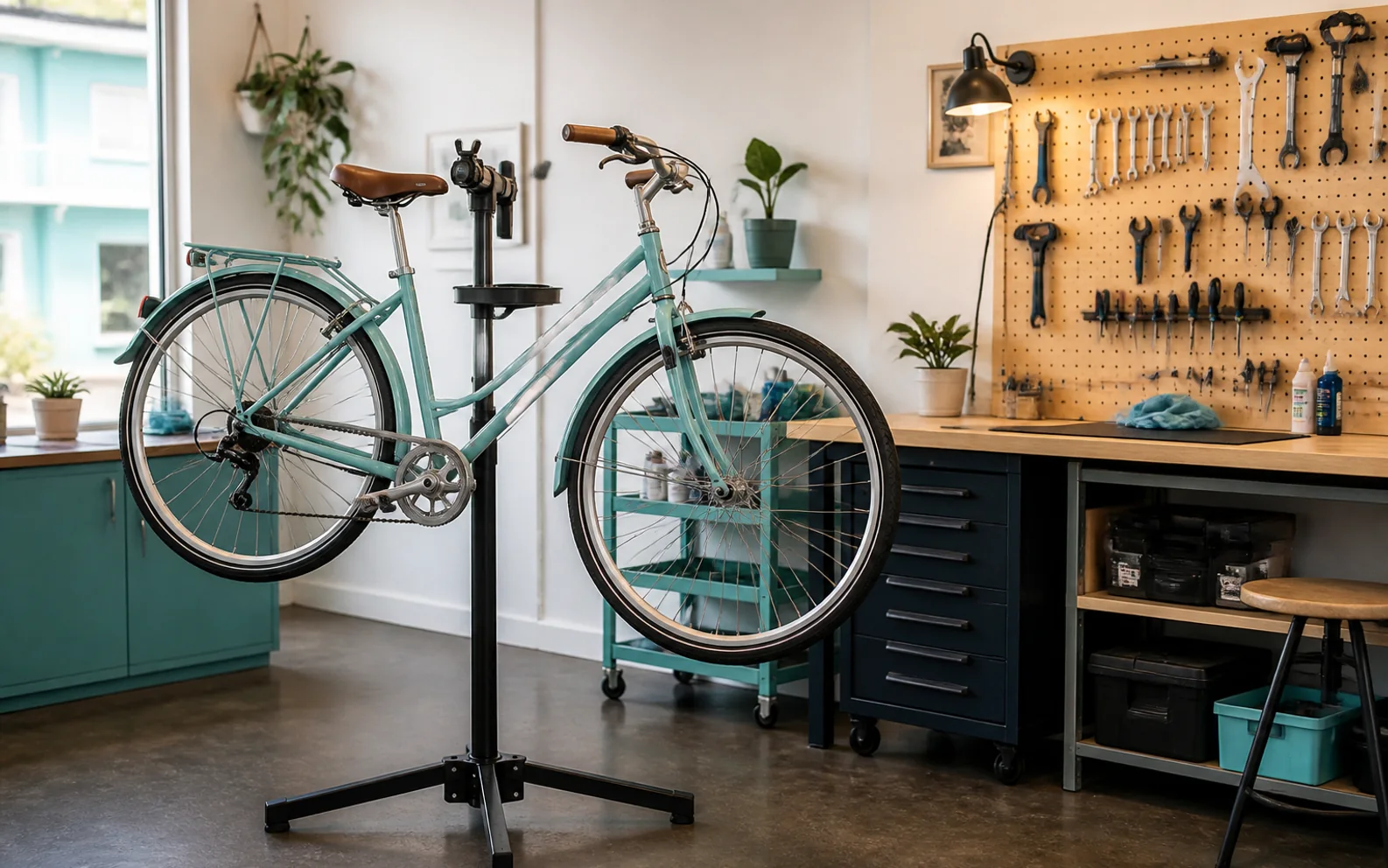 A teal commuter bicycle on a repair stand beside an organized bike workshop bench